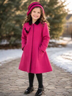 Rothschild Vintage Girls Wool Coat & Bonnet Pink Black Velvet Size M Cottagecore